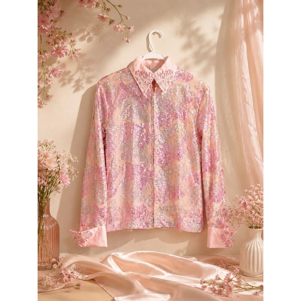 VTG RHC Pink Sequin Blouse Shirt Size M Rhinestone Collar Cuff Y2K Glam Party M